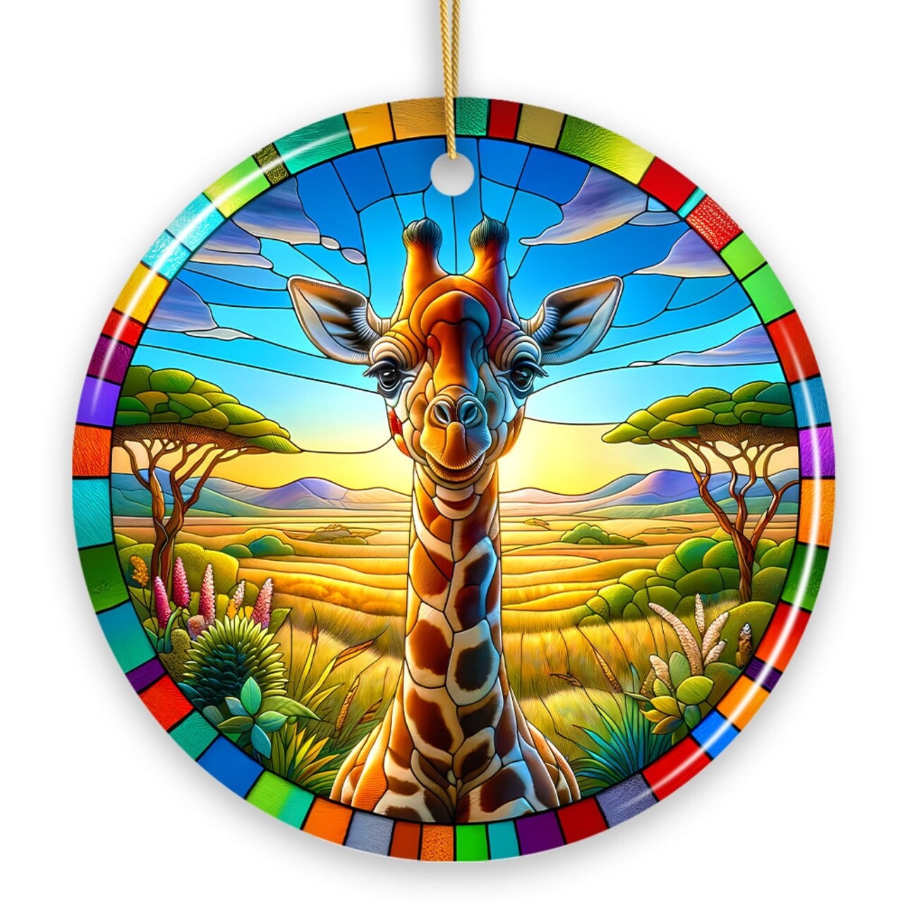 Giraffe Grace Stained Glass Style Ceramic Ornament, African Animals Christmas Gift and Decor